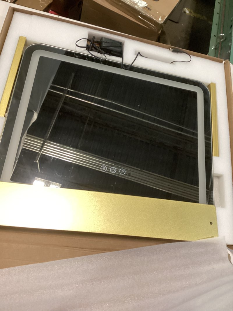 Condition photo showing New/Like New for FENNIO Gold Vanity Mirror with Lights 22"x19", LED Lighted Makeup Mirror, Large Makeup Mirror, Make up Mirror with Lighting,Touch Screen with 3-Color Lighting,Dimmable,for Vanity Desk Tabletop Gold 22"L x 17"W