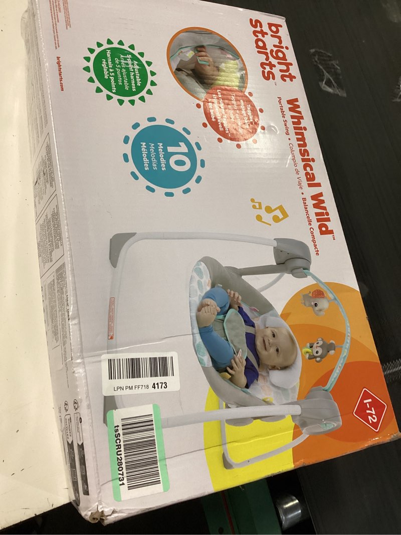 Condition photo showing New/Like New for bright starts portable automatic 6-speed baby swing with adaptable speed, taggies, music, removable-toy-bar, 0-9 months 6-20 lbs (whimsical wild)