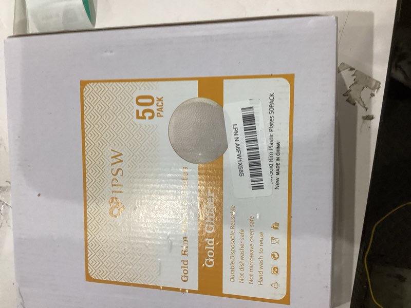 Condition photo showing New/Like New for 50pack Hammered Plastic Plates with Gold Rim - Round Gold Glitter Disposable Plates, Elegant Party Heavy Duty Plates Dishes for Wedding, Bridal Shower, Birthday