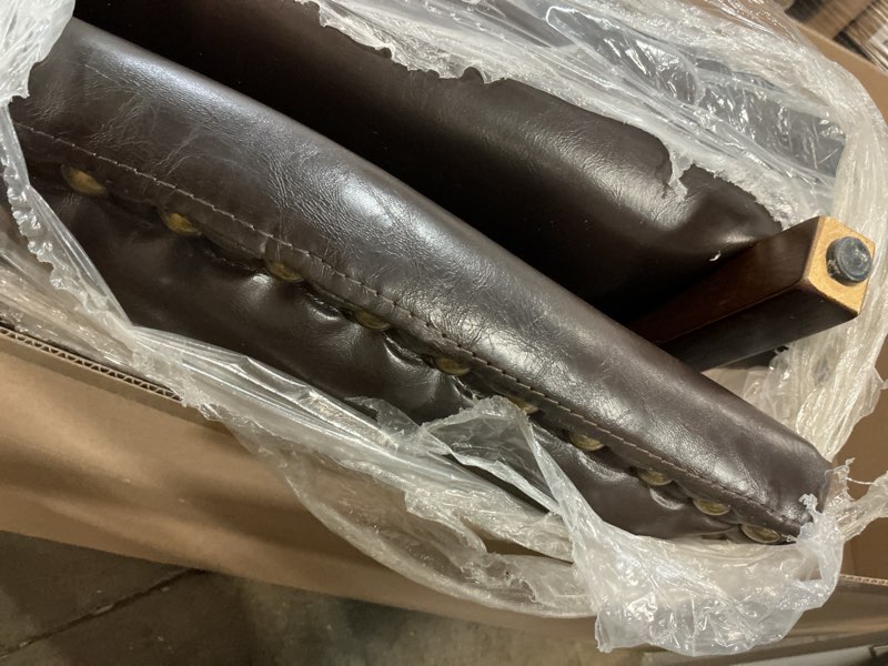 Condition photo showing As Is for 1 pcs colamy pu leather dining chairs set of 1 , upholstered parsons dining room kitchen side chair with nailhead trim and wood legs - dark brown