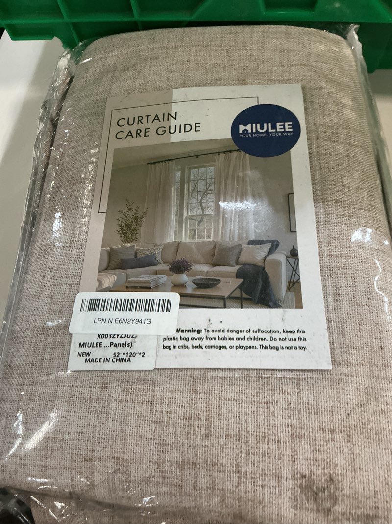 Condition photo showing New/Like New for miulee 100% blackout linen textured curtains for bedroom solid thermal insulated natural beige grommet room darkening curtains & drapes luxury decor for living room nursery 52 x 120 inch (2 panels) beige 52"w x 120"l (pack of 2)