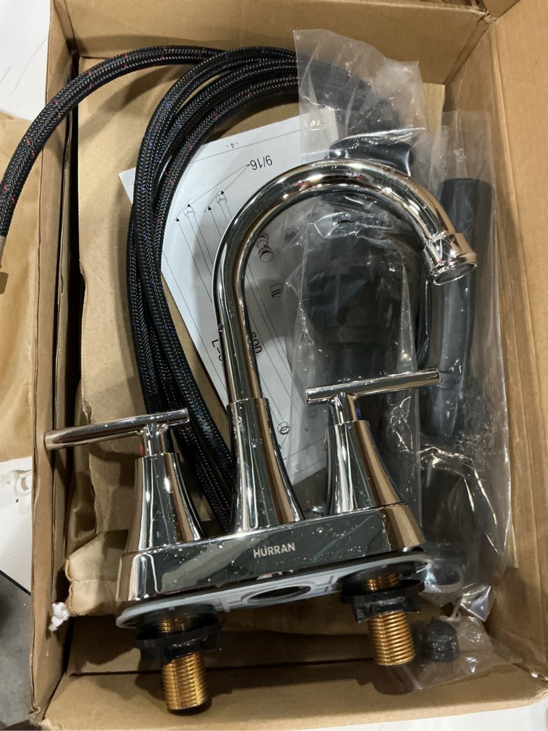 Condition photo showing Good Condition for bathroom faucets for sink 3 hole, hurran 4 inch chrome bathroom sink faucet with pop-up drain and supply hoses, stainless steel lead-free centerset utility faucet for vanity rv, 2 pack chrome x 2