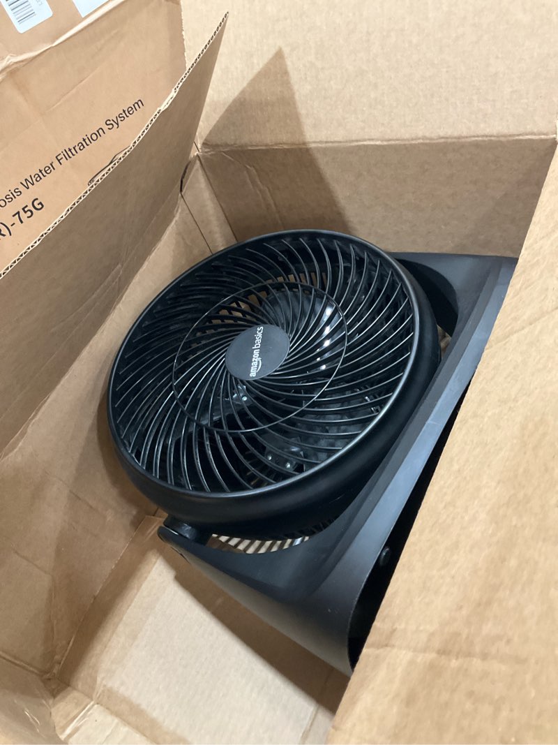 Condition photo showing As Is for amazon basics air circulator fan, desk fan for bedroom, home and office, with 90-degree tilt head, 3 speed settings, lightweight (3 lbs), 35 watts, black, 11.1"w x 6.3"d x 10.9"h