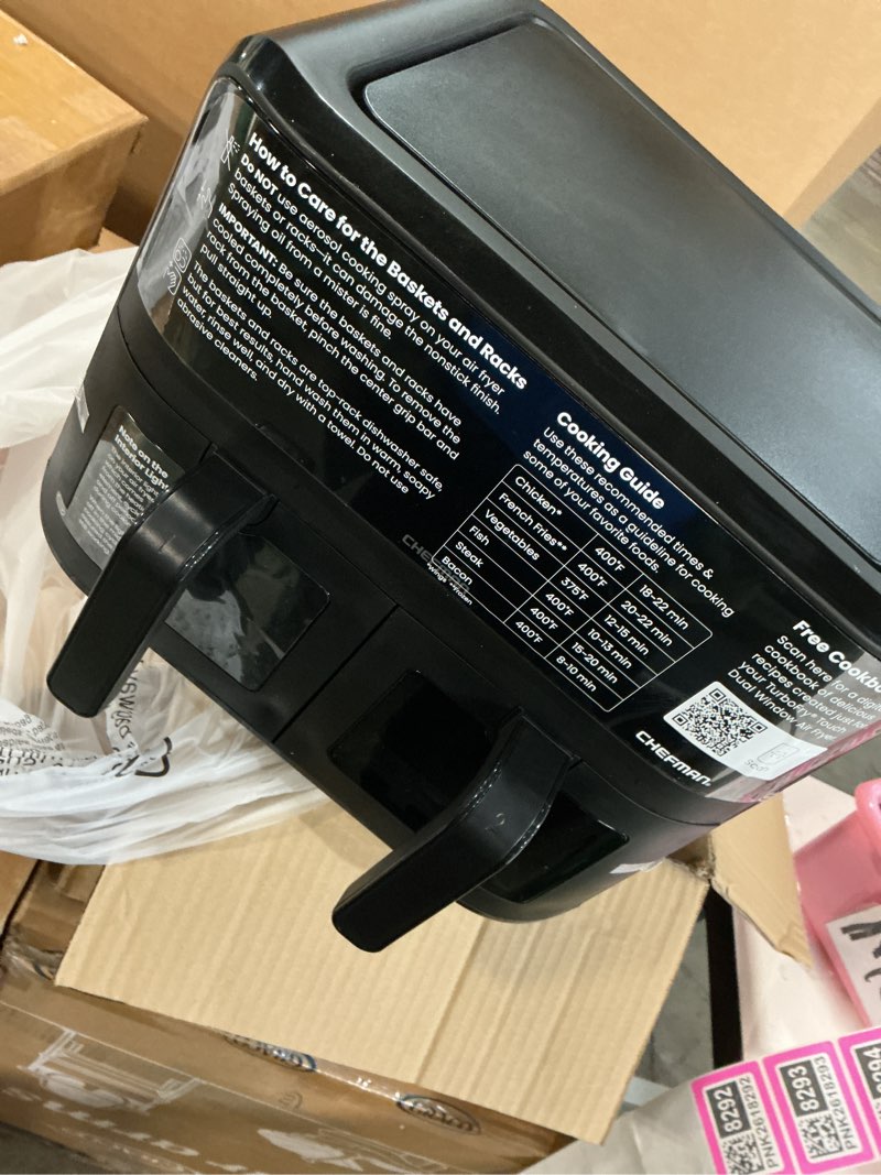 Condition photo showing New/Like New for CHEFMAN 6 Quart Dual Basket Air Fryer Oven with Easy View Windows, Sync Finish, Hi-Fry, Auto Shutoff, 2 Independent 3Qt Nonstick Dishwasher Safe Frying Baskets, Digital Double Air Fryer - Black 6 Quart - Window