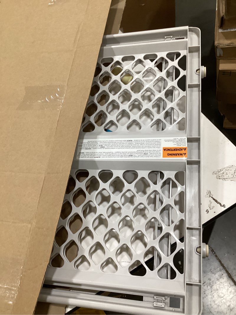 Condition photo showing Good Condition for mypet universal pet gate: 26” - 42” wide dog gate for doorways with pressure fit or swinging door hardware mounting types included: 26" tall; gray