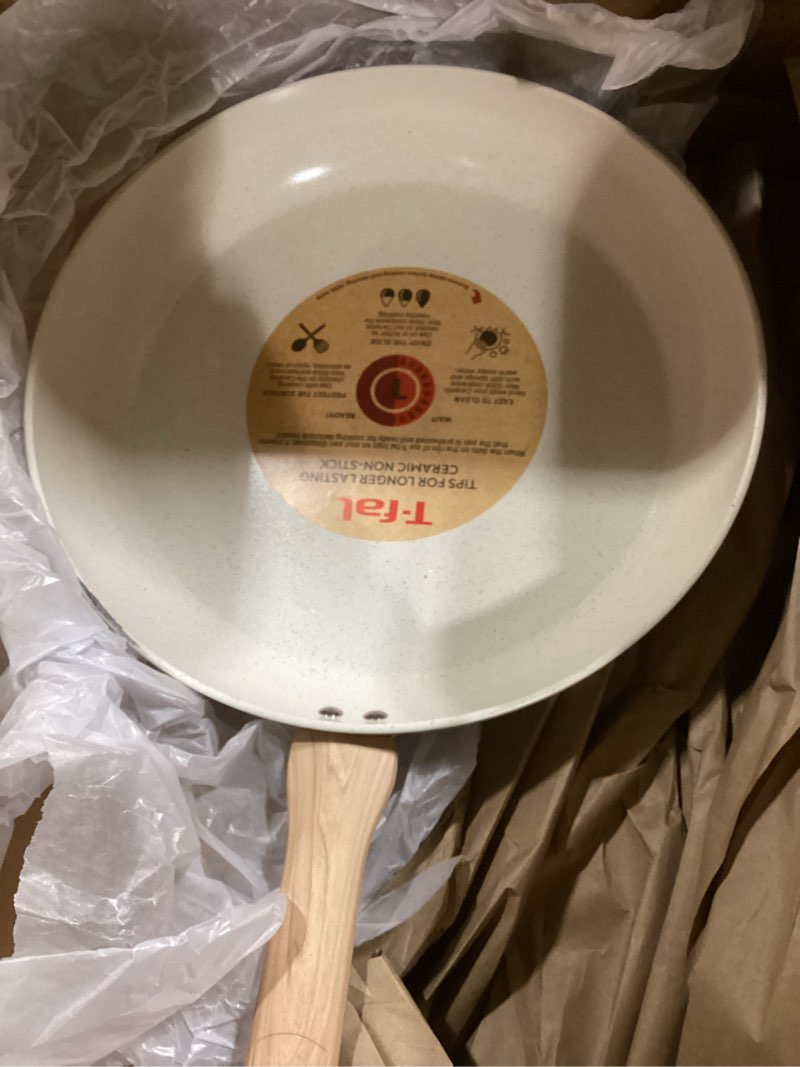 Condition photo showing New/Like New for T-Fal Revive Ceramic Nonstick Frying Pan 12 Inch Skillet, Oven Safe to 350°F, Stay-Cool Handle, Kitchen Pots and Pans, Beige Granite 12-Inch Ceramic Fry Pan Beige