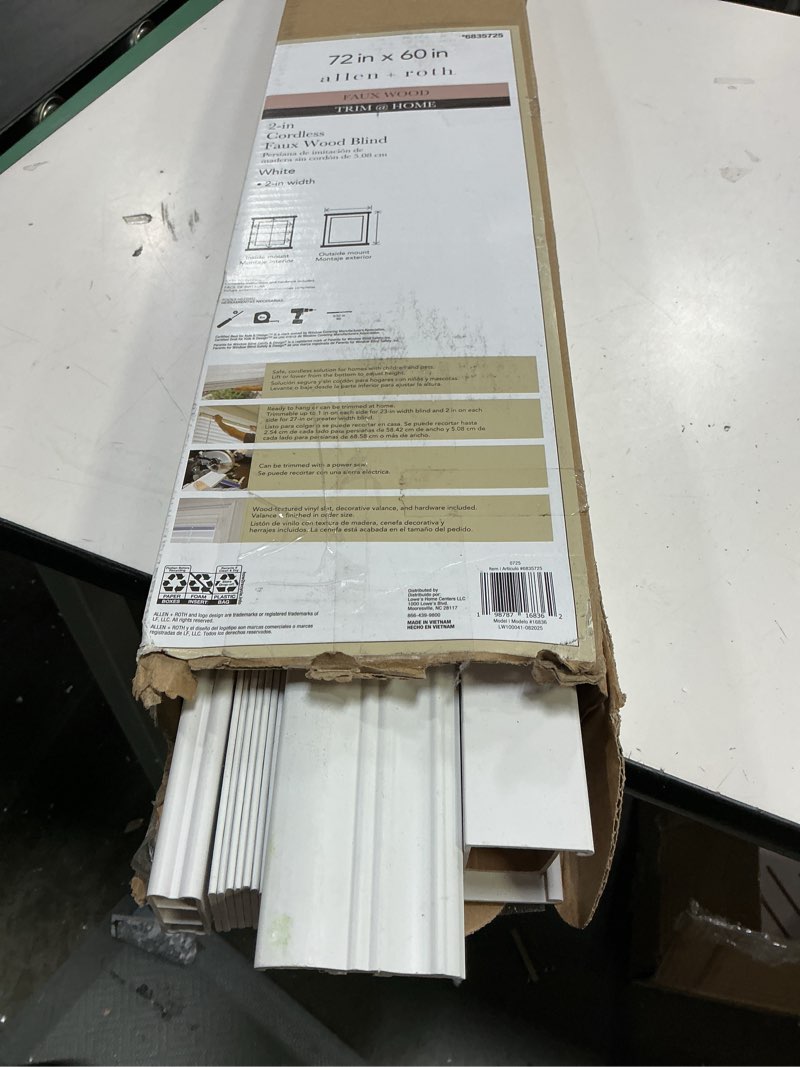 Condition photo showing As Is for 2 inch premium cordless faux wood blinds 72” x60”
