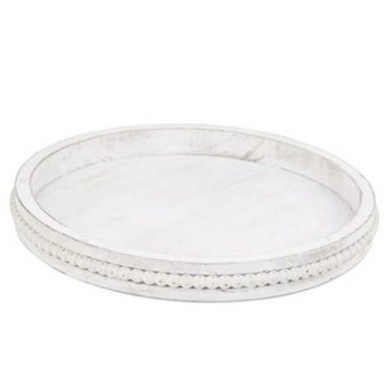 Round Wood Serving Tray with Beads, White Washed Wooden Decorative Tray