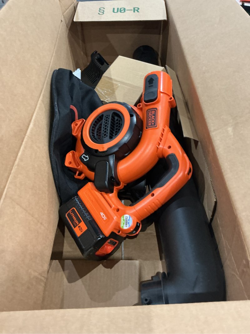 Condition photo showing As Is for black+decker leaf blower cordless leaf vacuum and mulcher combo kit, battery and charger included, 40v 120 mph air speed, 6-speed dial, built-in scraper with collection bag (lswv36) 40v sweeper/vacuum kit