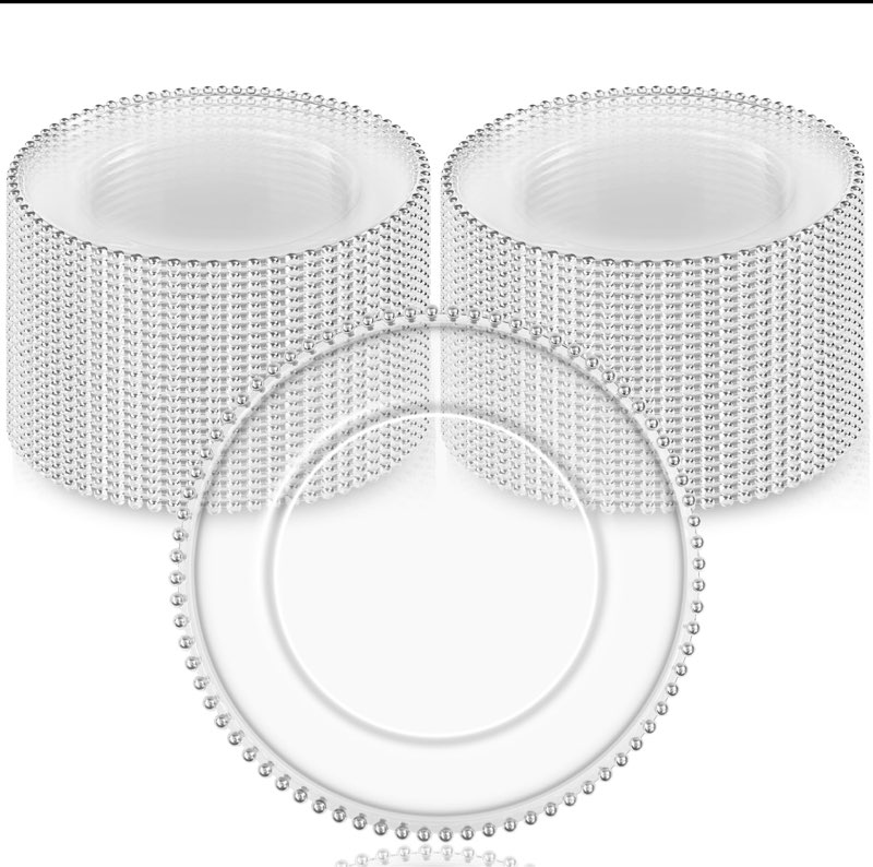  47 Pack Silver Clear Charger Plates With Beaded Rim, 13 Inch Dinner Charger Plates, Bulk Plastic Floral Table Plate for Dinner Weddin