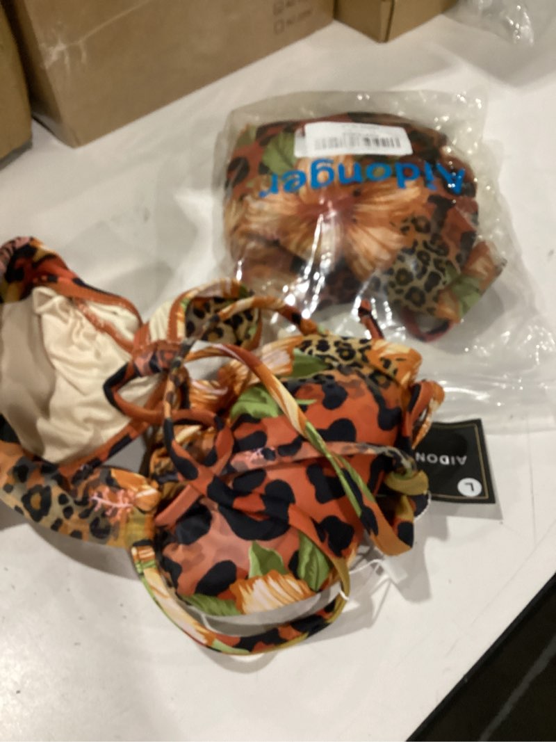 Condition photo showing Good Condition for aidonger drawstring bikini sets for women v neck two piece swimsuit tie back bathing suit mesh sheer swim skirt large brown leopard floral