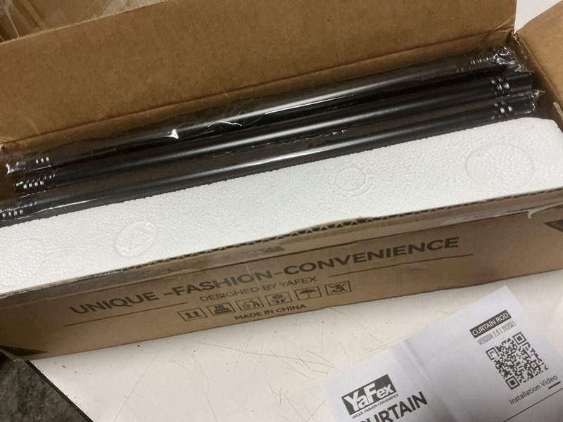 Condition photo showing New/Like New for yafex curtain rods 32-144 inch, heavy duty 1 inch adjustable curtain rod for windows, black extra long window treatment rods, modern design, easy installation