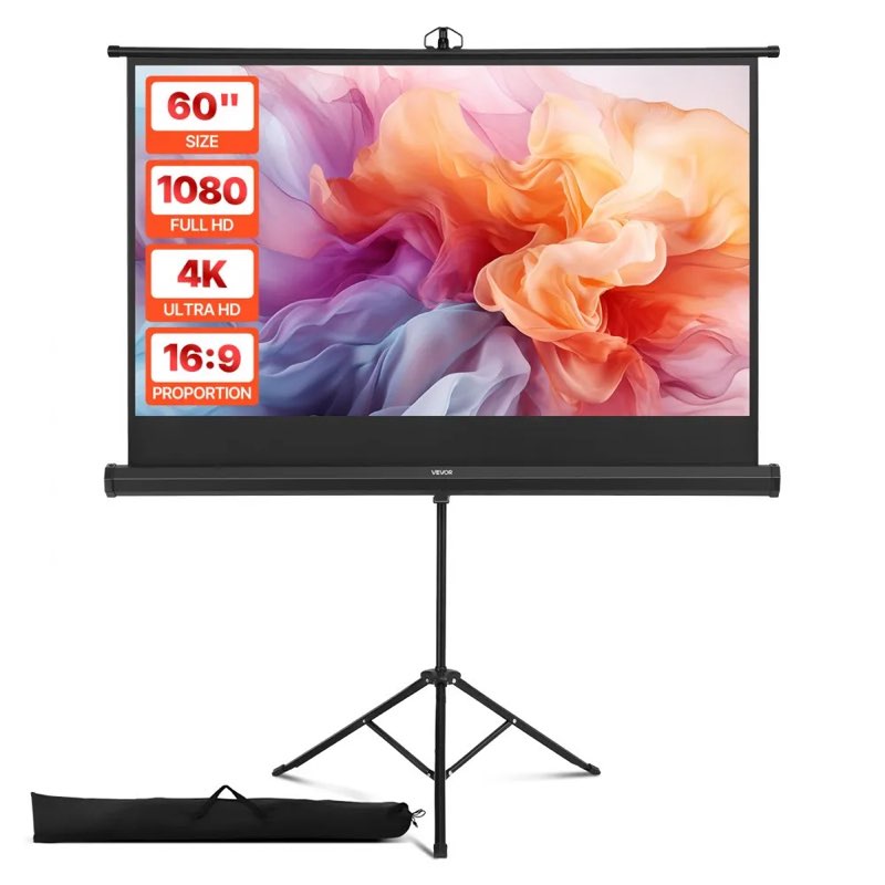 VEVOR Projector Screen with Stand, 60 Inch 160° Wide Angle Indoor Outdoor Projection Screen, 16:9 4K HD Wrinkleless Portable Tripod Screens with Carry Bag, for Movie Home Theater Office Presentation 