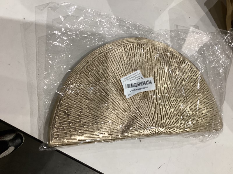 Condition photo showing As Is for snowkingdom gold placemats round set of 8, gold metallic hollow vinyl 15 inch round placemat, washable wipeable easy clean non slip stain kitchen dining table place mats for wedding party decoration gold 8
