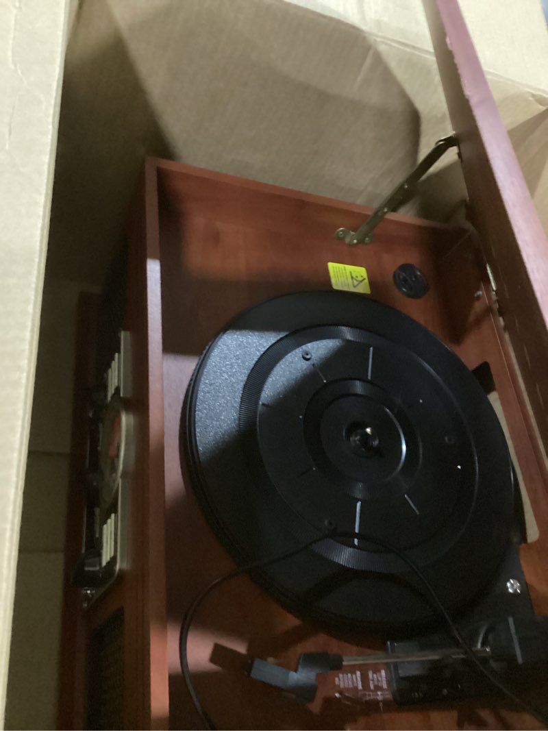 Condition photo showing As Is for Victrola The Quincy 6-in-1 Bluetooth Record Player & Multimedia Center with Built-in Speakers – 3-Speed Turntable, CD & Cassette Player, AM/FM Radio, Wireless Music Streaming (Mahogony) Mahogany Record Player