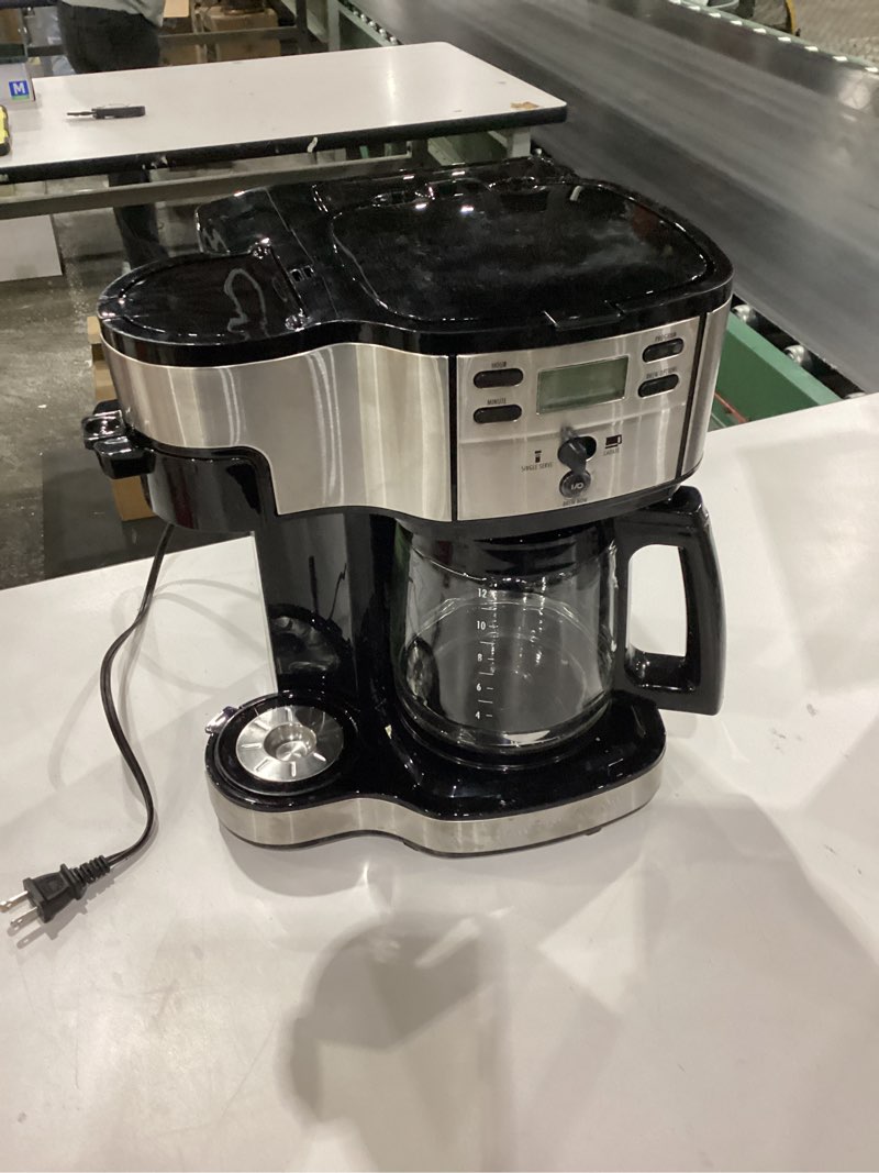Condition photo showing As Is for *Not Tested*   Hamilton Beach 2-Way Programmable Coffee Maker, 12 Cup Glass Carafe And Single Serve Coffee Maker, Black with Stainless Steel Accents, 49980RG 12 Cup Black