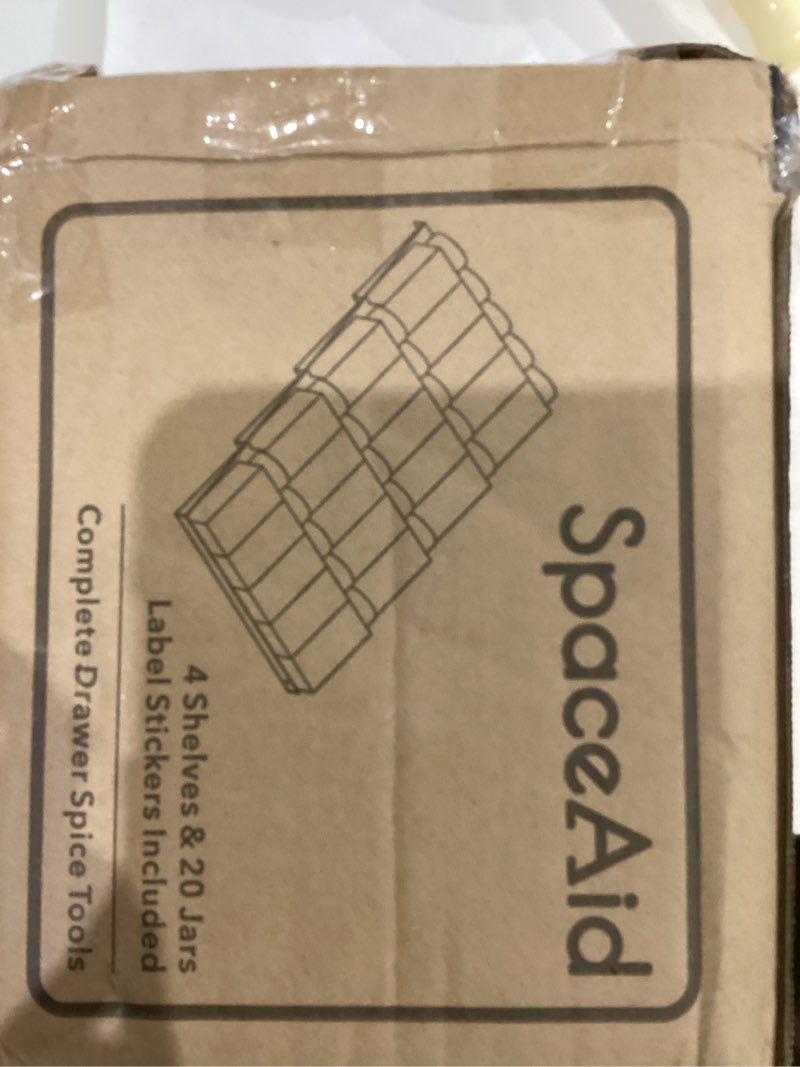 Condition photo showing As Is for SpaceAid Spice Drawer Organizer with 20 Spice Jars, 386 Spice Labels, 4 Tier Seasoning Rack Tray Insert for Kitchen Drawers, 9-1/2" Wide x 17-1/2" Deep 20 Jars, 9.5" Wide