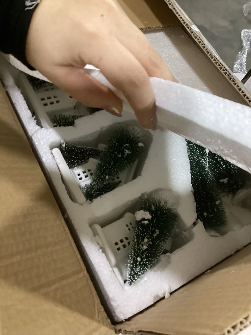 Condition photo showing Good Condition for 12 Pcs Lighted Ceramic White Christmas Village Houses Set Including 4 Ceramic Christmas Village Houses 3 Porcelain Tree and 5 Sisal Tree for Home Decoration, Winter Holiday DIY, Gift