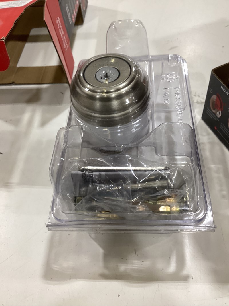 Condition photo showing As Is for kwikset smartkey satin nickel metal deadbolt