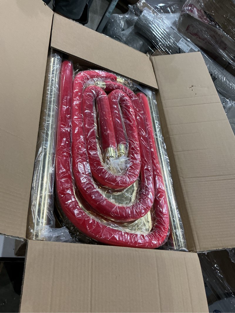 Condition photo showing Good Condition for 4 pcs gold stanchions with velvet ropes with 3 pcs 5 ft red velvet ropes carpet ropes posts stanchion set for crowd control barriers for weddings, events, hotels, and party decor 4 gold