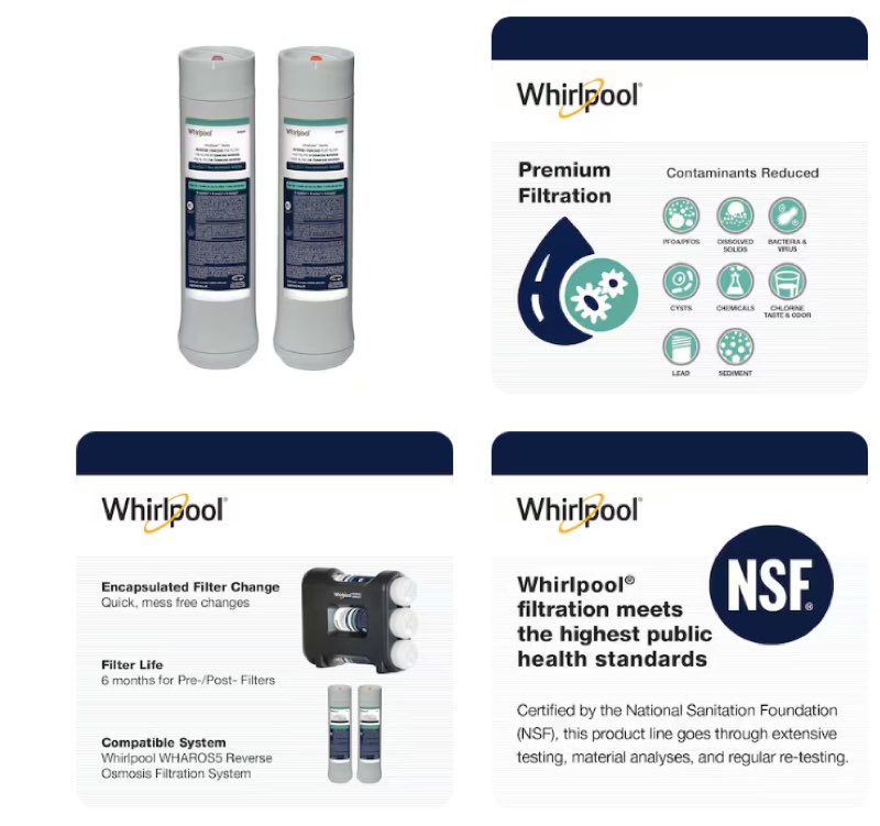 whirlpool wharos5 wher255, whapsro, v under sink 6-months replacement filter