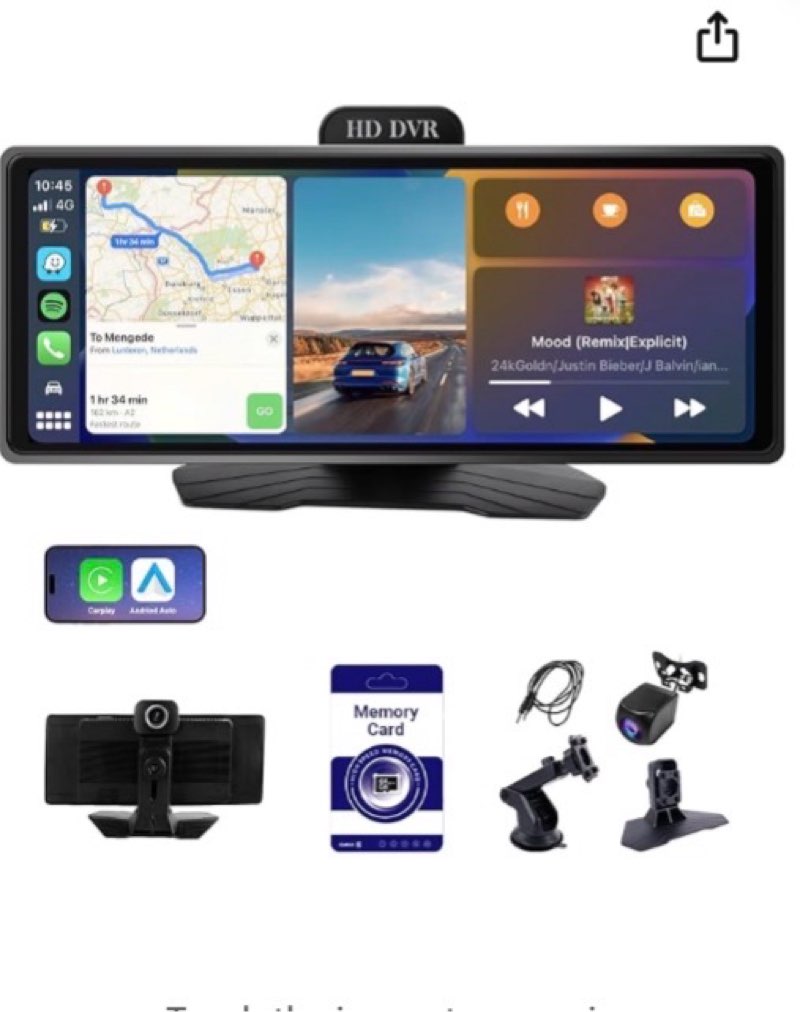 10.26 Inch Wireless Apple CarPlay & Android Auto Car Display with 1080P Dash Cam & Backup Camera All-in-One Smart Car Stereo Free 64GB SD Card