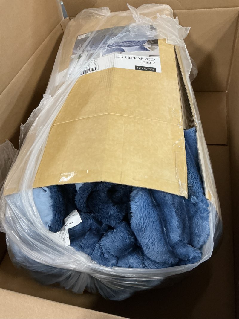 Condition photo showing Good Condition for Intelligent Design Queen Comforter Set, Plush Bedding, Microfiber Reverse, 3 Piece, Lightweight, Super Soft Ribbed Velvet Comforter 2 Shams, All Season Fluffy Bed Set, Avril, Full/Queen Blue Ombre