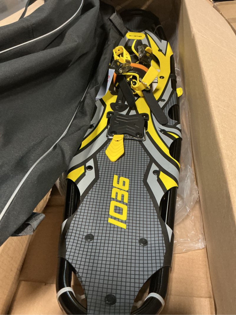 Condition photo showing Good Condition for G2 21/25/30/36 Inches Light Weight Snowshoes with Toe Box, EVA Padded Ratchet Binding, Heel Lift, Flexible Pivot Bar, Durable Back Strap, Trekking Poles, Carrying Bag, Snow Baskets(6 colors available) Yellow 36"(Up to 300lbs)