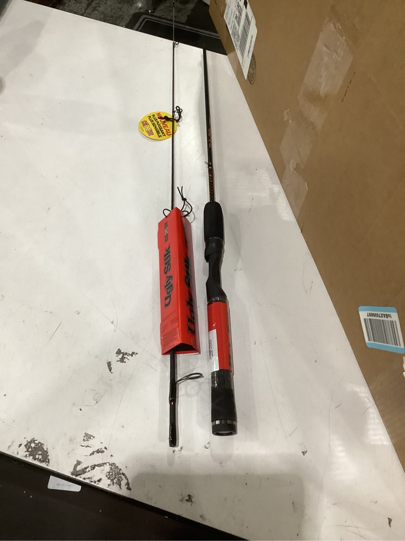 Condition photo showing As Is for missing parts ugly stik 6’6” gx2 spinning rod, three piece spinning rod, 6-15lb line rating, medium rod power, moderate fast action, 1/8-5/8 oz. lure rating