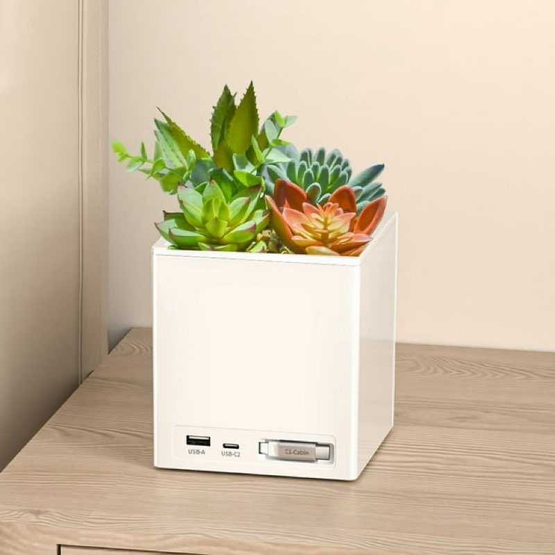 tech2 power bloom charging decorative plant with built-in retractable usb-c cable