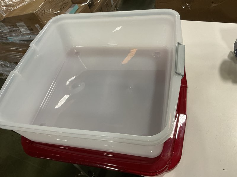 Condition photo showing As Is for IRIS USA 33 Qt. Holiday Wreath Storage Container Box with Lid, 3-pack, Stackable Under Bed Storage Organizer Bin with Latching Buckles for 20" Wreaths Festive Holiday Decorations Garlands, Clear/Red 20" Wreath 3 - Pack