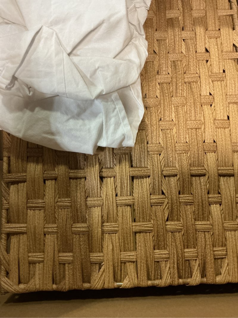Condition photo showing As Is for wicker storage basket with lid, 42.3 gallon (160l) large blanket basket with lid, woven storage bin with handles, removable liner, metal frame, foldable, for bedroom, laundry room, natural 160l:17.7 x 29.9 x 18.1 inches natural