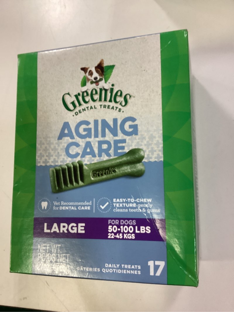 Condition photo showing New/Like New for Greenies Dental Treats for Dogs, Veterinarian-Recommended Aging Care Adult Natural Dental Dog Treats, Large Size, 27 oz. Pack, 17 Count Aging Care 17 Count (Pack of 1)