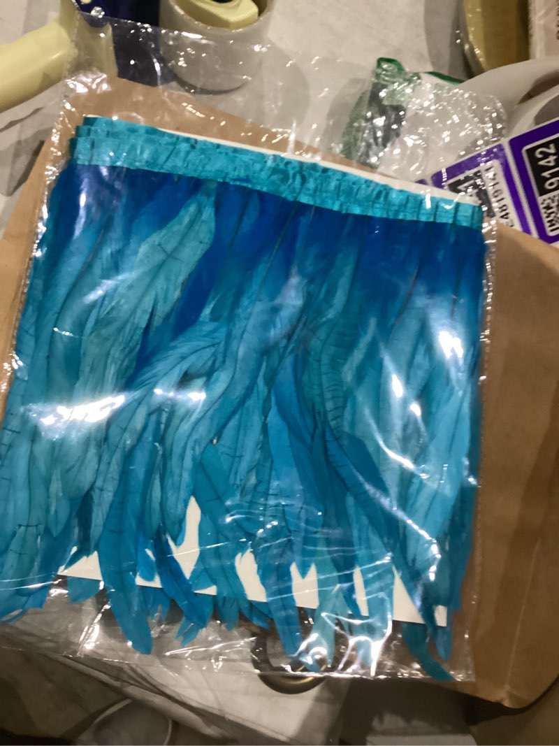 Condition photo showing Good Condition for Holmgren Turquoise Rooster Feather Trim - 10-12inch 2 Yards Natural Large Rooster Tail Feathers Fringe Trim for DIY Sewing Crafts, Feather Skirt, Holiday Themed Party Costumes Decoration (Turquoise) Turquoise 10-12inch Trim