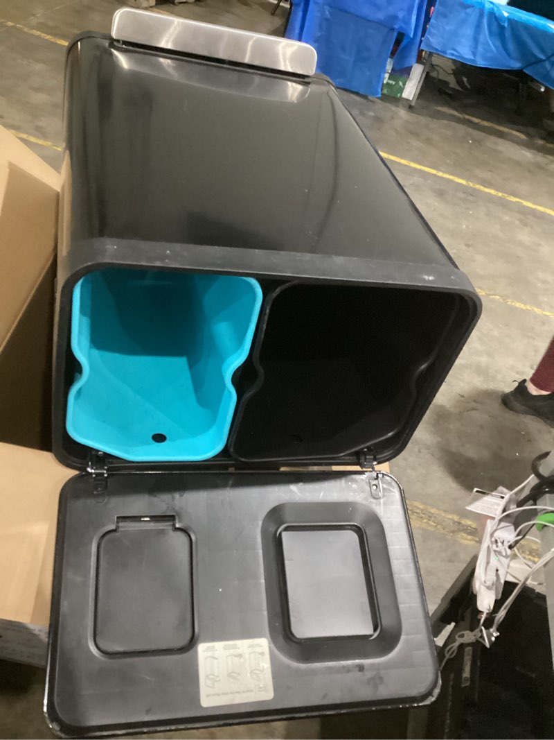 Condition photo showing As Is for allen + roth dual compartment 60 liter brushed silver steel indoor kitchen step trash can