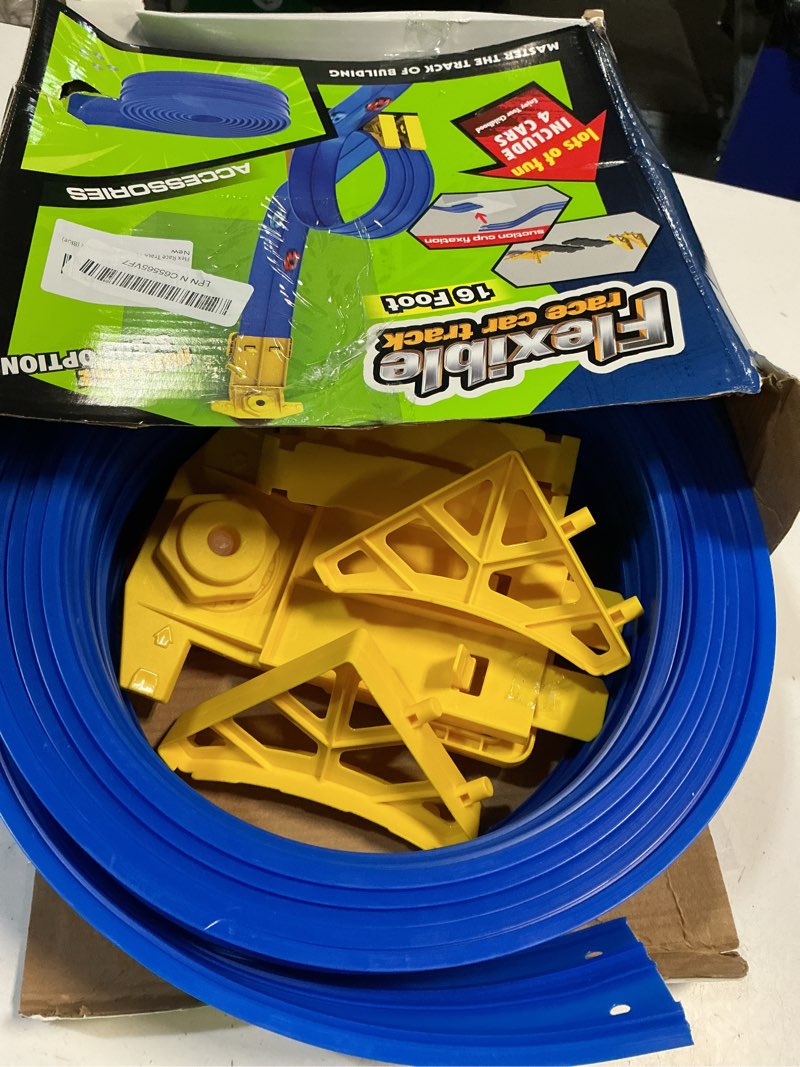 Condition photo showing New/Like New for flex race track 16 ft with start gate accessories compatible with diecast 1/64th cars, flexible car track toys for ages 3+ kids toddlers roll out portable racetrack (blue) blue with start gate accessories