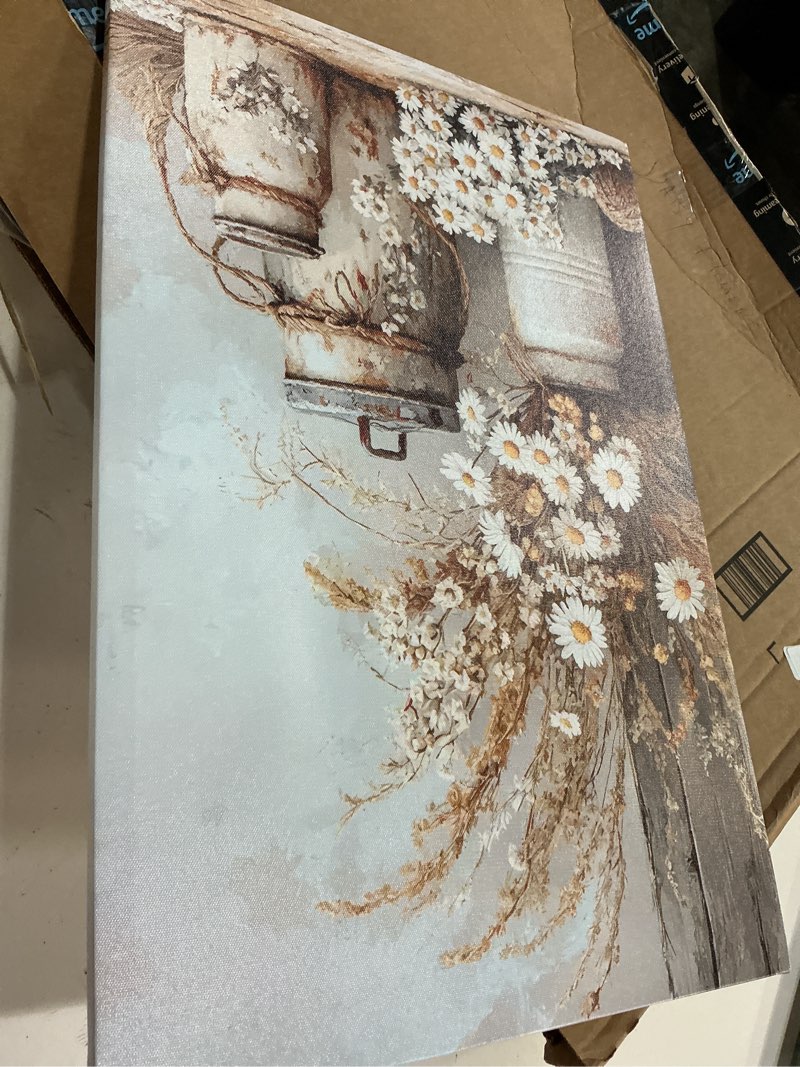 Condition photo showing Good Condition for muj rustic farmhouse daisy floral canvas wall art vintage country floral wall decor flower still life botanical rust color watering can prints artwork for living room bedroom bathroom home decoration daisy flowers 24l"x16w" 1