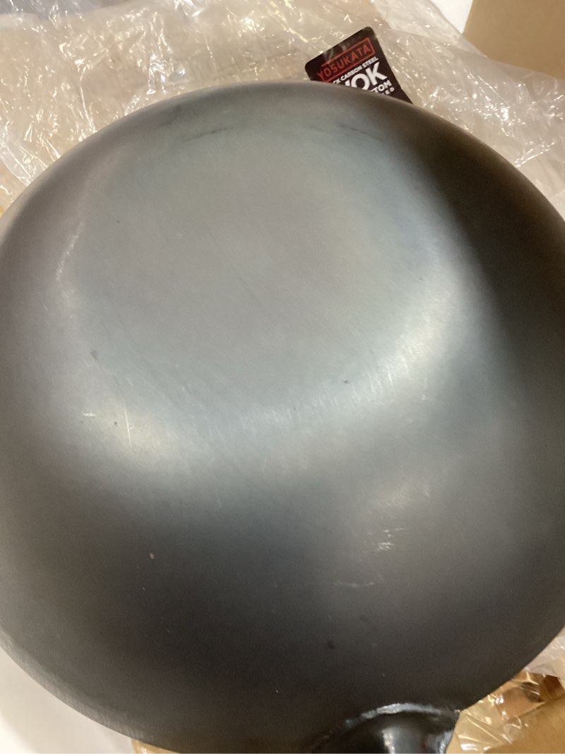 Condition photo showing As Is for YOSUKATA 13.5\" Carbon Steel Wok Pan – Pre-Seasoned Flat Bottom Pow Wok for Stir Fry, BBQ, Grill & Camping – Traditional Japanese Chinese Cookware – Compatible with Induction, Electric, Gas, Open Fire