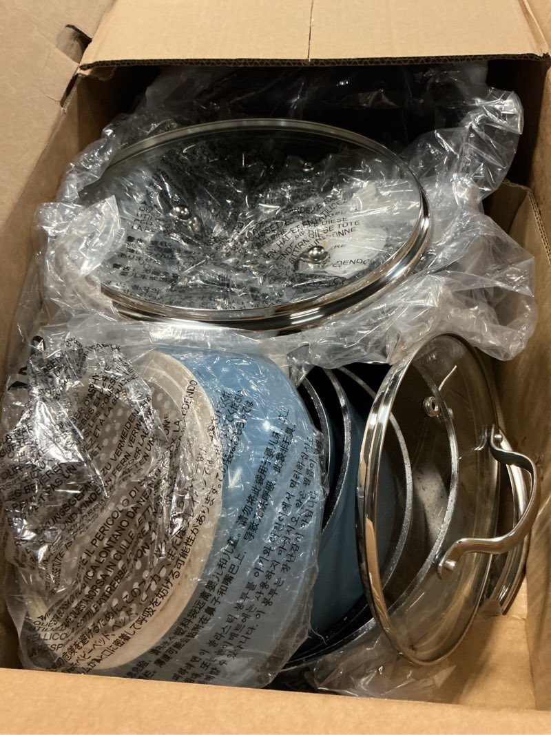 Condition photo showing As Is for nuwave healthy duralon blue ceramic nonstick cookware set, diamond infused scratch-resistant, pfas free, dishwasher & oven safe, induction ready & evenly heats, tempered glass lids & stay-cool handles cozy blue 12pc cookware set cookware set