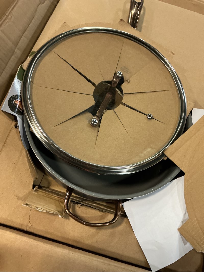 Condition photo showing As Is for t-fal preserve ceramic nonstick saute pan with lid 5.5 qt, oven and broiler safe up to 350°f cookware, frying pan, stay-cool handle, skillet pots and pans, blue 5.5-quart ceramic blue