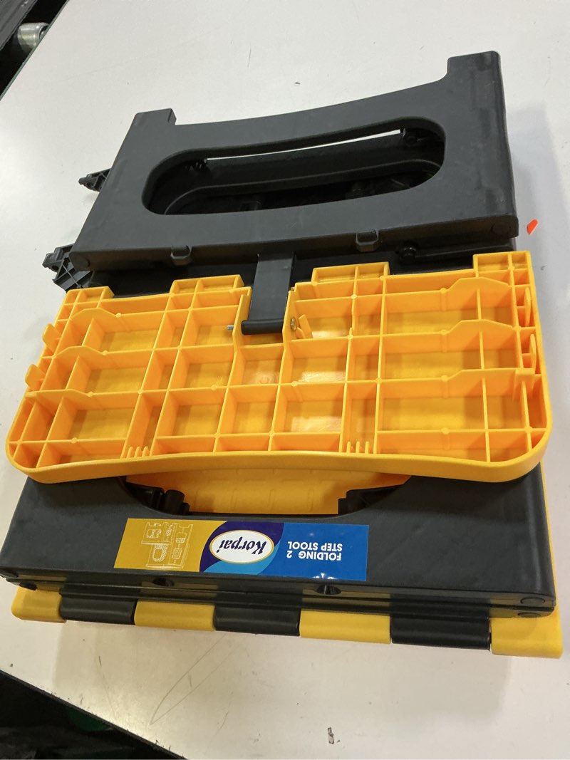 Condition photo showing Good Condition for korpai folding 2 step stools,8" & 17" dual heights,foldable step stool for adults and kids,hold up to 250lbs,collapsible step stool for kitchen bedroom office bathroom rv, yellow yellow 17 inch