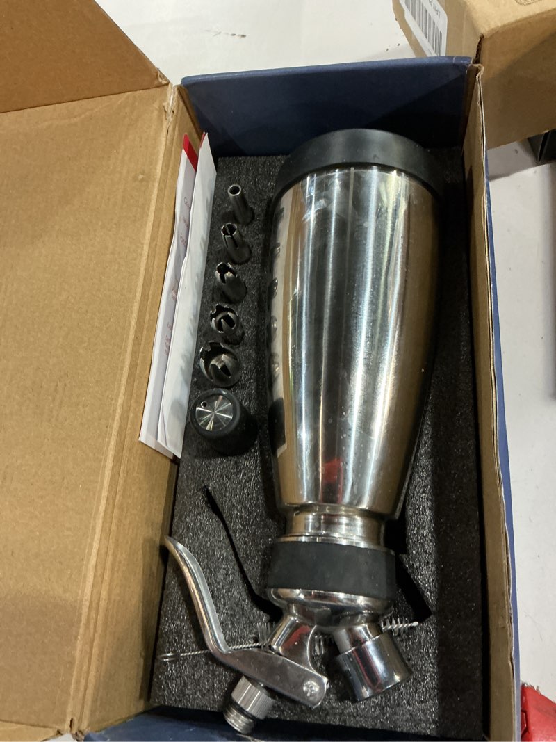 Condition photo showing As Is for Whipped Cream Dispenser Stainless Steel Keep Warm and Cold,500mL/1 Pint Double Wall Thermos Whipped Cream Maker,5 Various Stainless Decorating Nozzles,1 Cleaning Brush,N2O Chargers NOT Included Double Wall 500ml
