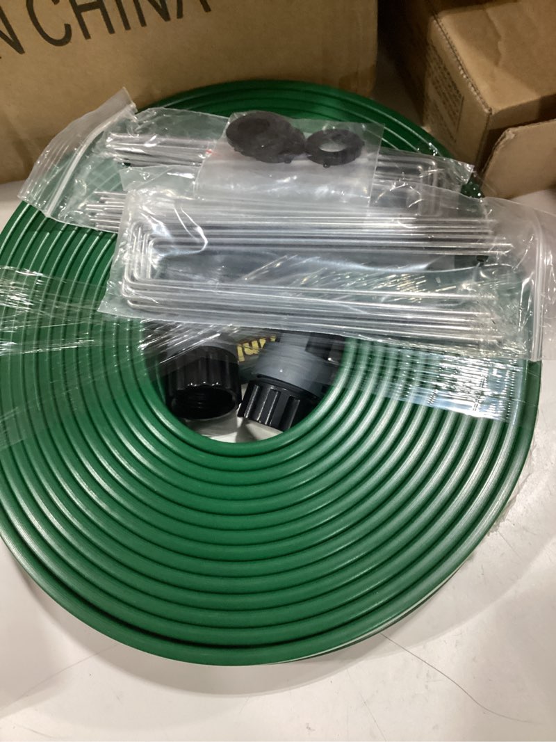 Condition photo showing Good Condition for jin&bao sprinkler hose with holes 50ft, heavy duty watering garden hose, high-efficiency sprinklers system for lawn and garden with staples 50 ft