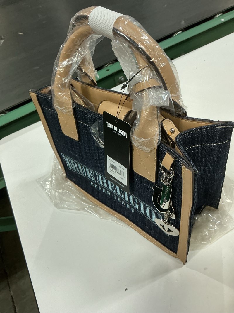 Condition photo showing New/Like New for true religion denim tote bag, bombe logo shoulder carryall with horseshoe hardware and strap hand bag, dark denim