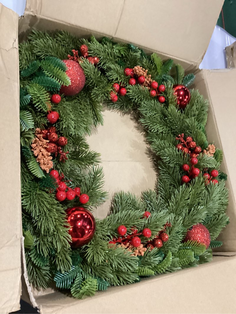 Condition photo showing New/Like New for missing red bow** 24 Inch Christmas Wreath for Front Door - Farmhouse Holiday Decor for Indoors and Outdoors, No Light