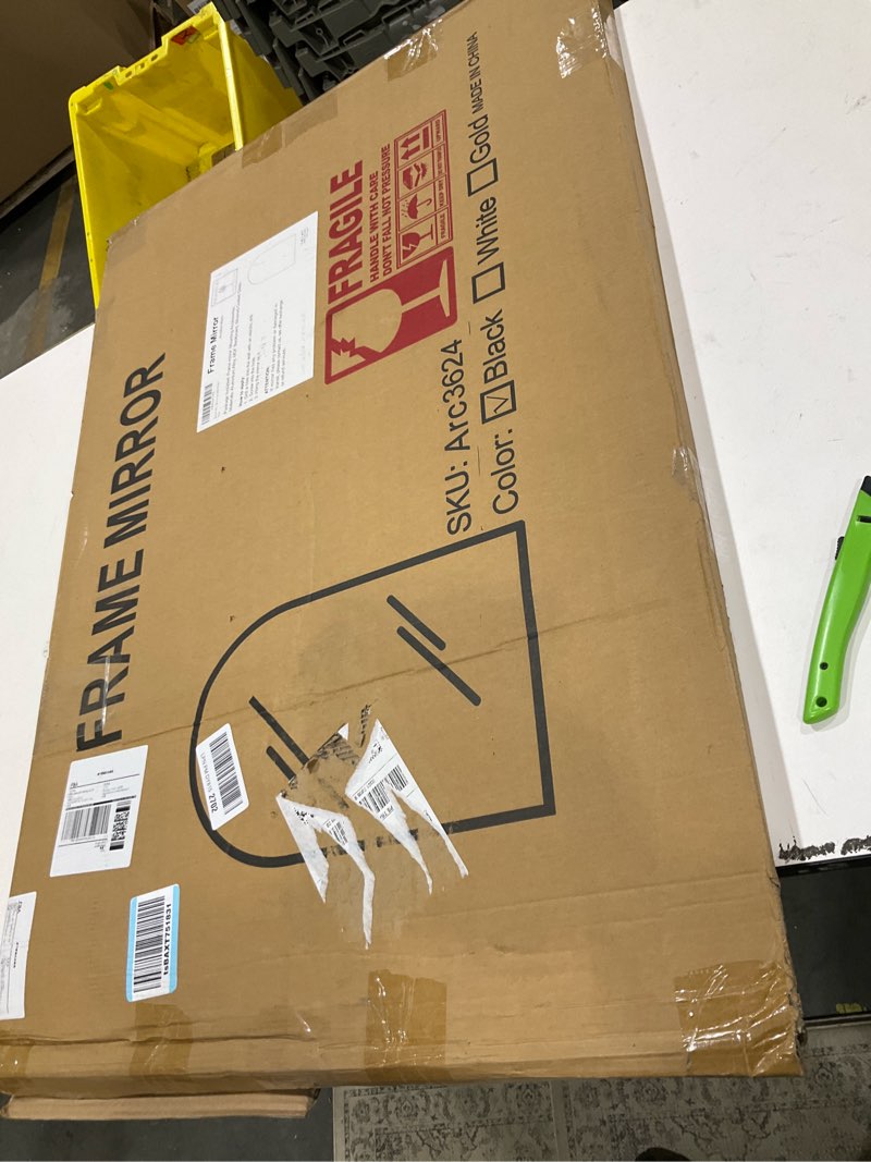 Condition photo showing Good Condition for Delma Arched Bathroom Mirror, 24"x36" Wall Mounted Vanity Mirror for Bedroom, Living Room and Entryway, Black Black 36"L x 24"W