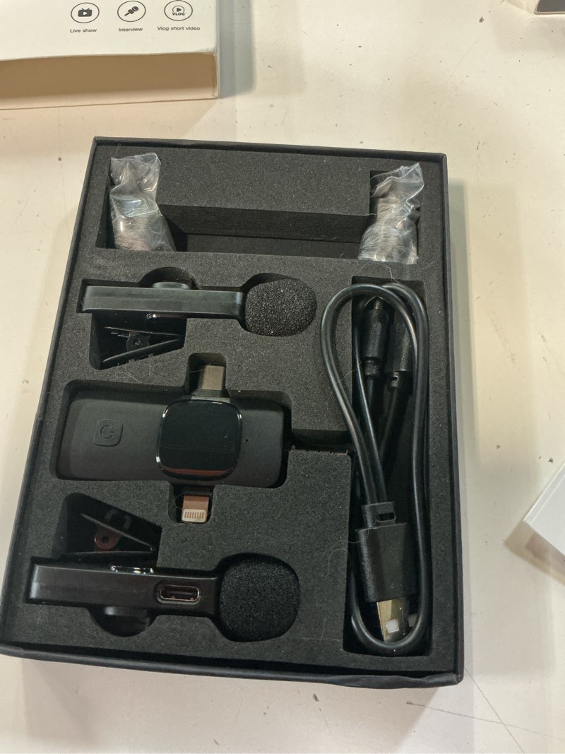 Condition photo showing New/Like New for pqrqp 3 in 1 professional wireless lavalier microphone for iphone/android/camera, wireless microphones, mini microphone, crystal clear sound quality for recording, live streaming, clips-elegant black