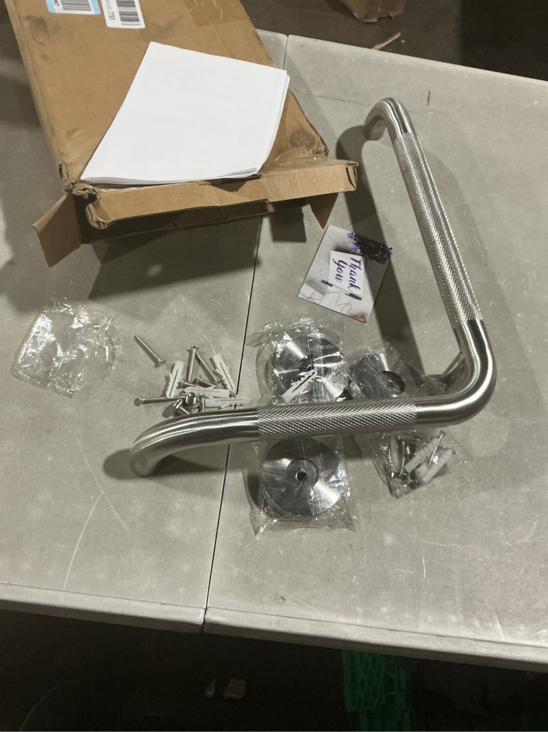 Condition photo showing As Is for l-shaped angled grab bar 12x16 inch brushed nickel anti-slip knurled shower handle wall mount, stainless steel shower bar for seniors injured balance support, handicap grab bars for bathtubs & showers brushed nickel 12x16 inch