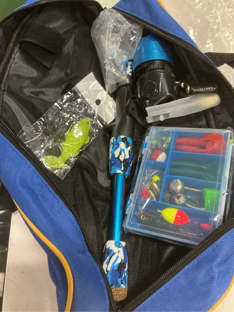 Condition photo showing Good Condition for oddspro kids fishing pole pink, portable telescopic fishing rod and reel combo kit - with spincast fishing reel tackle box for girls, youth blue 5.91 ft