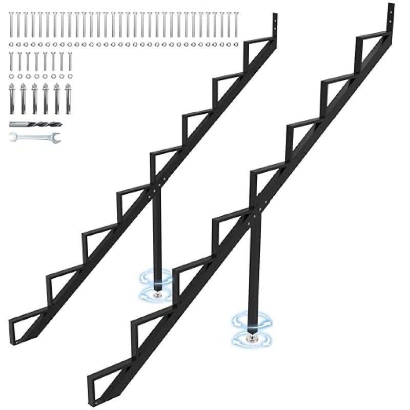 Steel Stair Step Riser 8-Step, Metal Stair Stringer with Reinforcing Support Legs, Heavy Duty Steel Stair Stringer for 65\" Height Deck and Outdoor Steps ( pack of 2) 